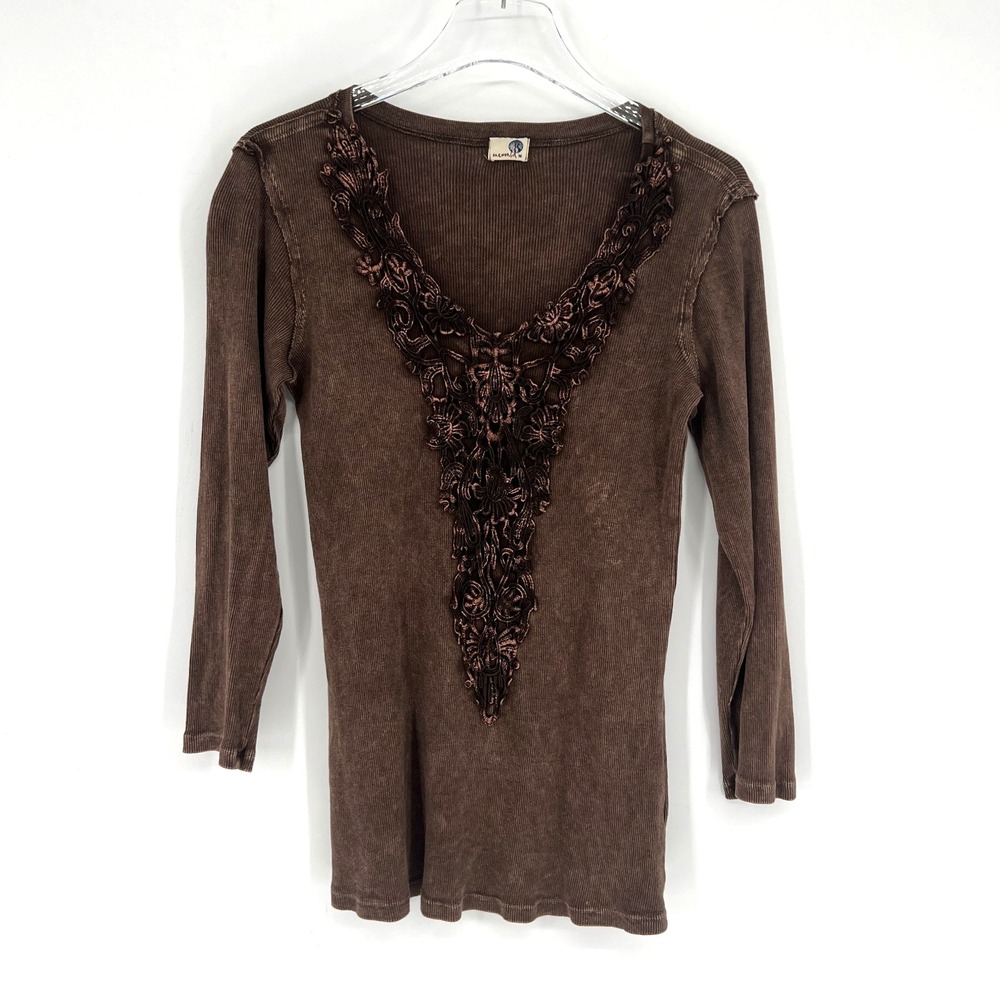 Vtg‎ One World Top Womens M Brown 90s Y2K Embellished Lace Ribbed